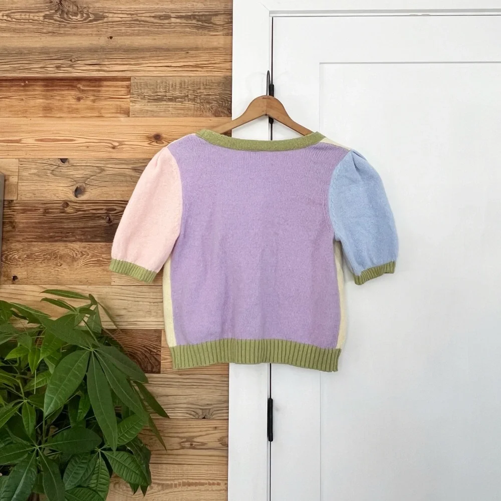 SO Pastel Color-Block Puff Sleeve Cardigan Large
